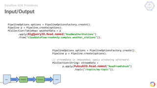 Input/Output
Dataflow SDK Primitives
PipelineOptions options = PipelineOptionsFactory.create();
Pipeline p = Pipeline.create(options);
// streamData is Unbounded; apply windowing afterward.
PCollection<String> streamData =
p.apply(PubsubIO.Read.named("ReadFromPubsub")
.topic("/topics/my-topic"));
PipelineOptions options = PipelineOptionsFactory.create();
Pipeline p = Pipeline.create(options);
PCollection<TableRow> weatherData = p
.apply(BigQueryIO.Read.named("ReadWeatherStations")
.from("clouddataflow-readonly:samples.weather_stations"));
 