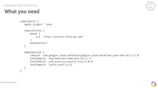 What you need
Dataflow SDK Primitives
subprojects {
apply plugin: 'java'
repositories {
maven {
url "http://jcenter.bintray.com"
}
mavenLocal()
}
dependencies {
compile 'com.google.cloud.dataflow:google-cloud-dataflow-java-sdk-all:1.3.0'
testCompile 'org.hamcrest:hamcrest-all:1.3'
testCompile 'org.assertj:assertj-core:3.0.0'
testCompile 'junit:junit:4.12'
}
}
 
