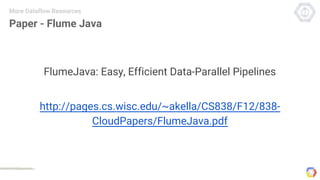 Paper - Flume Java
FlumeJava: Easy, Efficient Data-Parallel Pipelines
http://pages.cs.wisc.edu/~akella/CS838/F12/838-
CloudPapers/FlumeJava.pdf
More Dataflow Resources
 