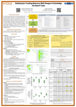 Relating Eye-Tracking Measures With Changes In Knowledge
On Search Tasks
Nilavra Bhattacharya Jacek Gwizdka
nilavra @ ieee.org etra2018 @ gwizdka.com
School of Information, The University of Texas at Austin
I N T R O D U C T I O N
Can human learning be inferred from eye movements? We
investigate whether differences in the knowledge-change of
online information searchers are reflected in their eye-
tracking measures related to reading. We conducted a lab-
based eye-tracking study, and examined the associations
between changes in knowledge of participants (measured in
a content-independent way), and their eye-gaze measures.
Our results show that participants with high knowledge-
change diﬀer significantly in terms of their total reading-
sequence-length, reading-sequence-duration, and number of
reading fixations, when compared to participants with low
knowledge-change.
R E S E A R C H Q U E S T I O N
Are the changes in verbal knowledge, from before to after a
search task, observable in eye-tracking measures?
M E T H O D
Participants
• 30 university students (16 women, 14 men)
• Good data for 26 participants
• Mean age 24.5 years
• Native English speakers with uncorrected 20/20 vision
Experiment Design
• Within-subject design
• Eye-tracker: Tobii TX300
• Three information search tasks on health-related topics
• Two multi-faceted assigned tasks (A1, A2)
• One self-generated task (S)
• Google search with modified interface
Measures
• Calculated separately for each task:
• Independent: 2 knowledge-change measures
• Dependent: 6 eye-tracking measures related to reading
• Unit of analysis: participant-task pair
• Split into two groups – Lo and Hi – based on median
scores on knowledge-change measures
TA S K S
Assigned Task A1: Vitamin A
Your teenage cousin has asked your advice in regard to taking vitamin A for
health improvement purposes. You have heard conflicting reports about the
effects of vitamin A, and you want to explore this topic in order to help your
cousin. Specifically, you want to know:
1. What is the recommended dosage of vitamin A for underweight teenagers?
2. What are the health benefits of taking vitamin A? Please find at least 3
benefits and 3 disadvantages of vitamin A.
3. What are the consequences of vitamin A deficiency or excess? Please find 3
consequences of vitamin A deficiency and 3 consequences of its excess.
4. Please find at least 3 food items that are considered as good sources of
vitamin A.
Assigned Task A2: Hypotension
Your friend has hypotension. You are curious about this issue and want to
investigate more. Specifically, you want to know:
1. What are the causes of hypotension?
2. What are the consequences of hypotension?
3. What are the differences between hypotension and hypertension in terms
of symptoms? Please find at least 3 differences in symptoms between
them.
4. What are some medical treatments for hypotension? Which solution would
you recommend to your friend if he/she also has a heart condition? Why?
Example Self-generated ‘S’ task
Crohn’s disease: I know someone who was recently diagnosed, and am
curious about the disease.
R E S U L T S & D I S C U S S I O N
Findings
• We expected that people who did ‘more’ reading on
RELEVANT CONTENT pages would gain more topical
knowledge.
• However, we found that people scoring higher in our
knowledge-change scores (i.e. learning more) generally did
less reading.
• Total fixation count of reading-sequences, and total duration
of reading-sequences were significantly smaller for the
respective Hi group, than the corresponding Lo group,
across both task types.
• For assigned tasks alone, total-regression-length was
significantly lower for the Hi group as well.
Limitations
• Small number of similar tasks
• Choice of knowledge-change measures
Future Work
• Investigate other factors which may cause differences in
behaviour
• Examine different knowledge-change measures to better
reflect the learning process
Two kinds of webpages visited by participants: modified Google SERPs (left), and CONTENT pages (right)
book-marking
and
note-taking
area
RELEVANT CONTENT Page: A CONTENT page which the participants bookmarked and took notes from
(i.e. considered RELEVANT to the task). Analyses below consider only these kind of pages, as new
knowledge is most likely acquired from pages with which the participants interacted.
Pre Task
Questionnaire
gauging existing knowledge
Task
Session
Post Task
Questionnaire
free-recall to identify knowledge-gain
Next
Task
Eye Tracking Measures per task (D.V.)
Rseq_N number of reading-sequences
Rseq_px_tot
total length of the (mostly horizontal) scan-paths
formed by joining the reading fixation points (px)
Rseq_fixn_ct_tot
total count of reading fixations making up a
reading sequence
Rseq_dur_tot
total duration of all fixations comprising reading
sequences (ms)
Reg_N total count of backward-regressions
Reg_px_tot total length of regressions (px)
Knowledge Change Measures per task (I.V.)
We used word-ranks of approximately 1/3 million most frequent English
words, taken from Google’s Web Trillion Word Corpus (https://goo.gl/2JZn7d)
𝑟𝑒𝑙_𝑐ℎ𝑎𝑛𝑔𝑒_𝑖𝑛_𝑖𝑡𝑒𝑚𝑠 =
𝑖𝑡𝑒𝑚𝑠 𝑝𝑜𝑠𝑡 − 𝑖𝑡𝑒𝑚𝑠 𝑝𝑟𝑒
𝑖𝑡𝑒𝑚𝑠 𝑝𝑜𝑠𝑡
𝑚𝑒𝑎𝑛_𝑟𝑎𝑛𝑘_𝑃𝑂𝑆𝑇_𝑛𝑜𝑢𝑛𝑠 =
σ𝑖=1
𝑛
𝑟𝑎𝑛𝑘𝑖
𝑛
Range of difference of the two knowledge-change
measures, across three tasks: A1, A2, S
Relating Eye Tracking with Knowledge Change measures
A1 A2 S
Lo 0 – 0.78 0 – 0.79 0 – 0.6
Hi 0.78 – 0.96 0.8 – 0.94 0.6 – 0.94
A1 A2 S
Lo 4 k – 8.8 k 4.9 k – 10.9 k 1.4 k – 9.2 k
Hi 9.4 k – 17.6 k 11.3 k – 22.1 k 9.6 k – 24 k
Any
Funded, in part, by IMLS Career Development Grant #RE-04-11-0062-11 to Jacek Gwizdka
Post-task knowledge measurement
Fixation heatmap on a SERP page. The task-prompt is in top-left.
Fixation heatmap while taking notes.
Pre-task knowledge measurement
A simple line-oriented classifier labelled fixations as reading or scanning.
Reading fixations along a line make a reading sequence.
Relative
change in
the no. of
phrases
entered
before and
after a task
Mean
rank of
nouns
entered
after a
task
 