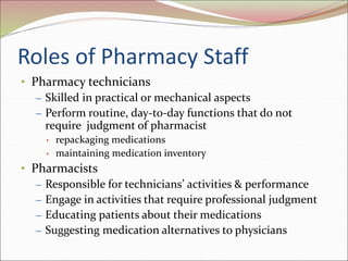 Roles of Pharmacy Staff
• Pharmacy technicians
– Skilled in practical or mechanical aspects
– Perform routine, day-to-day functions that do not
require judgment of pharmacist
• repackaging medications
• maintaining medication inventory
• Pharmacists
– Responsible for technicians’ activities & performance
– Engage in activities that require professional judgment
– Educating patients about their medications
– Suggesting medication alternatives to physicians
 