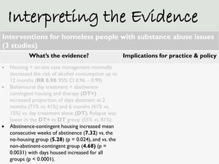 Interpreting the Evidence
Interventions for homeless people with substance abuse issues
(3 studies)
            What’s the...