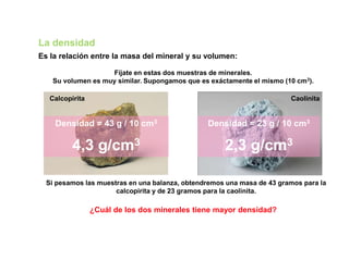 La densidad
Es la relación entre la masa del mineral y su volumen:
Fíjate en estas dos muestras de minerales.
Su volumen es muy similar. Supongamos que es exáctamente el mismo (10 cm3).
Calcopirita Caolinita
Si pesamos las muestras en una balanza, obtendremos una masa de 43 gramos para la
calcopirita y de 23 gramos para la caolinita.
¿Cuál de los dos minerales tiene mayor densidad?
Densidad = 43 g / 10 cm3
4,3 g/cm3
Densidad = 23 g / 10 cm3
2,3 g/cm3
 