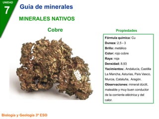 Fórmula química: Cu
Dureza: 2,5 - 3
Brillo: metálico
Color: rojo cobre
Raya: roja
Densidad: 8,93
Yacimientos:. Andalucía, Castilla
La Mancha, Asturias, País Vasco,
Murcia, Cataluña, Aragón.
Observaciones: mineral dúctil,
maleable y muy buen conductor
de la corriente eléctrica y del
calor.
Cobre Propiedades
UNIDAD
7
Biología y Geología 3º ESO
MINERALES NATIVOS
Guía de minerales
 