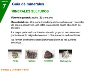 UNIDAD
7
Biología y Geología 3º ESO
MINERALES SULFUROS
Fórmula general: azufre (S) y metales
Características: Una parte importante de los sulfuros son minerales
de interés económico, por estar relacionados con la obtención de
metales.
La mayor parte de los minerales de este grupo se encuentran en
yacimientos de origen hidrotermal o bien en rocas sedimentarias.
Se forman en muchos casos por precipitación de los sulfuros
metálicos.
Pirita Galena Calcopirita
Cinabrio
Guía de minerales
 