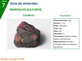 Cinabrio Propiedades
UNIDAD
7
Biología y Geología 3º ESO
MINERALES SULFUROS
Fórmula química: HgS
Dureza: 2 – 2,5
Brillo: diamantino
Color: rojo
Raya: rojo
Densidad: 8,1
Yacimientos: Almadén (Ciudad
Real) y Lena (Asturias)
Observaciones: forma las
principales menas de extracción
de mercurio.
Guía de minerales
 