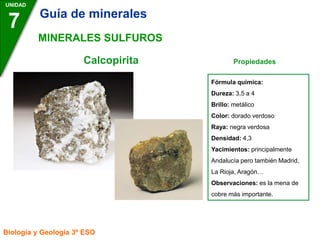 Calcopirita Propiedades
UNIDAD
7
Biología y Geología 3º ESO
MINERALES SULFUROS
Fórmula química:
Dureza: 3,5 a 4
Brillo: metálico
Color: dorado verdoso
Raya: negra verdosa
Densidad: 4,3
Yacimientos: principalmente
Andalucía pero también Madrid,
La Rioja, Aragón…
Observaciones: es la mena de
cobre más importante.
Guía de minerales
 