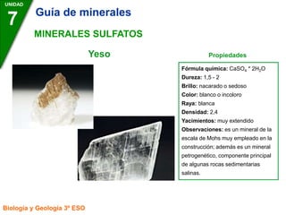 Yeso Propiedades
UNIDAD
7
Biología y Geología 3º ESO
MINERALES SULFATOS
Fórmula química: CaSO4 * 2H2O
Dureza: 1,5 - 2
Brillo: nacarado o sedoso
Color: blanco o incoloro
Raya: blanca
Densidad: 2,4
Yacimientos: muy extendido
Observaciones: es un mineral de la
escala de Mohs muy empleado en la
construcción; además es un mineral
petrogenético, componente principal
de algunas rocas sedimentarias
salinas.
Guía de minerales
 
