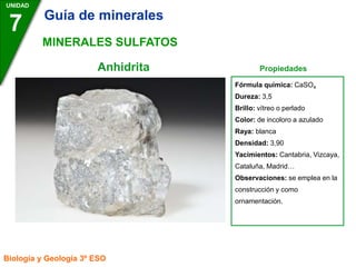 Anhidrita Propiedades
UNIDAD
7
Biología y Geología 3º ESO
MINERALES SULFATOS
Fórmula química: CaSO4
Dureza: 3,5
Brillo: vítreo o perlado
Color: de incoloro a azulado
Raya: blanca
Densidad: 3,90
Yacimientos: Cantabria, Vizcaya,
Cataluña, Madrid…
Observaciones: se emplea en la
construcción y como
ornamentación.
Guía de minerales
 