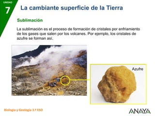 UNIDAD
7
Biología y Geología 3.º ESO
La cambiante superficie de la Tierra
Sublimación
La sublimación es el proceso de formación de cristales por enfriamiento
de los gases que salen por los volcanes. Por ejemplo, los cristales de
azufre se forman así.
Azufre
 