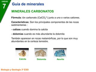 UNIDAD
7
Biología y Geología 3º ESO
MINERALES CARBONATOS
Fórmula: ión carbonato (CaCO3
2-) junto a uno o varios cationes.
Características: Son los principales componentes de las rocas
sedimentarias :
- calizas cuando domina la calcita
- dolomías cuando es más abundante la dolomita
También aparecen en rocas metamórficas, por lo que son muy
abundantes en la corteza terrestre.
Calcita Dolomita Azurita
Guía de minerales
 