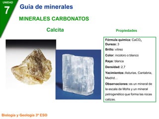 Calcita Propiedades
UNIDAD
7
Biología y Geología 3º ESO
MINERALES CARBONATOS
Fórmula química: CaCO3
Dureza: 3
Brillo: vítreo
Color: incoloro o blanco
Raya: blanca
Densidad: 2,7
Yacimientos: Asturias, Cantabria,
Madrid…
Observaciones: es un mineral de
la escala de Mohs y un mineral
petrogenético que forma las rocas
calizas.
Guía de minerales
 