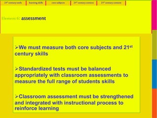 21st Century Assessment
We must measure both core subjects and 21st
century skills
Standardized tests must be balanced
appropriately with classroom assessments to
measure the full range of students skills
Classroom assessment must be strengthened
and integrated with instructional process to
reinforce learning
21st centurytools learningskills coresubjects 21st centurycontext 21st centurycontent
Element 6: assessment
 