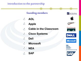 AOL
Apple
Cable in the Classroom
Cisco Systems
Dell
Microsoft
NEA
SAP
founding members
introduction to the partnership
 