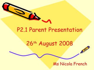 P2.1 Parent Presentation 26 th  August 2008 Ms Nicola French 