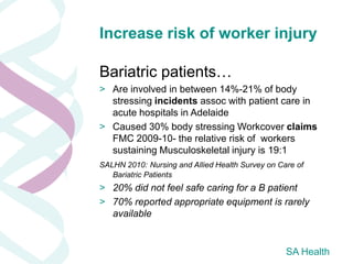 Increase risk of worker injury

Bariatric patients…
> Are involved in between 14%-21% of body
  stressing incidents assoc with patient care in
  acute hospitals in Adelaide
> Caused 30% body stressing Workcover claims
  FMC 2009-10- the relative risk of workers
  sustaining Musculoskeletal injury is 19:1
SALHN 2010: Nursing and Allied Health Survey on Care of
   Bariatric Patients
> 20% did not feel safe caring for a B patient
> 70% reported appropriate equipment is rarely
  available


                                                  SA Health
 