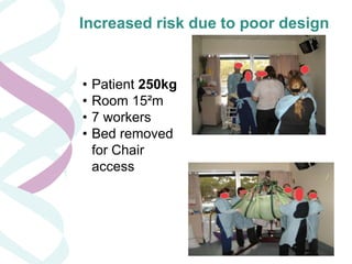 Increased risk due to poor design


•   Patient 250kg
•   Room 15²m
•   7 workers
•   Bed removed
    for Chair
    access




                           SA Health
 