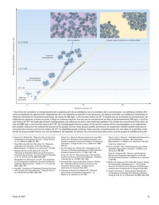 Otoño de 2007 31
5. Groenzin H y Mullins OC: “Molecular Size and Structure
of Asphaltenes from Various Sources,” Energy & Fuels
14, no. 3 (Mayo de 2000): 677–684.
Freed DM, Lisitza NV, Sen PN y Song Y-Q: “Molecular
Composition and Dynamics of Oils from Diffusion
Measurements,” en Mullins et al, referencia 2: 279–300.
Andrews AB, Guerra RE, Mullins OC y Sen PN:
“Diffusivity of Asphaltene Molecules by Fluorescence
Correlation Spectroscopy,” Journal of Physical Chemistry
A 110, no. 26 (6 de julio de 2006): 8093–8097.
Wargadalam VJ, Norinaga K y Iino M: “Size and Shape
of a Coal Asphaltene Studied by Viscosity and Diffusion
Coefﬁcient Measurements,” Fuel 81, no. 11–12 (Julio de
2002): 1403–1407.
6. Gray MR: “Consistency of Asphaltene Chemical Structures
with Pyrolysis and Coking Behavior,” Energy & Fuels 17,
no. 6 (Noviembre de 2003): 1566–1569.
Peng P, Fu J, Sheng G, Morales-Izquierdo A, Lown EM y
Strausz OP: “Ruthenium-Ions-Catalyzed Oxidation of an
Immature Asphaltene: Structural Features and Biomarker
Distribution,” Energy & Fuels 13, no. 2 (Marzo de 1999):
266–277.
7. Yen TF, Erdman JG, y Pollack SS: “Investigation of the
Structure of Petroleum Asphaltenes by X-Ray Diffraction,”
Analytical Chemistry 33, no. 11 (1961): 1587–1594.
Dickie JP y Yen TF: “Macrostructures of the Asphaltic
Fractions by Various Instrumental Methods,” Analytical
Chemistry 39, no. 14 (1967): 1847–1852.
8. Schneider MH, Andrews BA, Mitra-Kirtley S y Mullins
OC: “Asphaltene Molecular Size by Fluorescence
Correlation Spectroscopy,” aceptado para su
publicación en Energy & Fuels, 2007.
9. Andreatta G, Bostrom N y Mullins OC:” Ultrasonic
Spectroscopy of Asphaltene Aggregation,” en
Mullins et al, referencia 2: 231–258.
> Una forma de considerar el comportamiento de la aglomeración de los asfaltenos con el incremento de la concentración. Los asfaltenos exhiben dife-
rentes propiedades de aglomeración, dependiendo de si son disueltos en petróleo crudo (púrpura) o en tolueno (amarillo). Las moléculas individuales se
observan solamente en concentraciones bajas, de menos de 100 mg/L, o una fracción másica de 10-4. A medida que se incrementa la concentración, las
moléculas se aglutinan, primero en pares, y luego en números mayores. Una vez que la concentración se eleva a aproximadamente 100 mg/L, o una frac-
ción másica de 10-4, las moléculas forman nanoagregados casi esféricos de ocho a diez moléculas apiladas. Con niveles de concentración más altos, de
más de 5,000 mg/L o una fracción másica de 5.10-3, los nanoagregados forman grupos, en los que los cuerpos de los nanoagregados no se superponen
pero pueden interactuar las cadenas de alcanos de los grupos vecinos. Estos grupos pueden permanecer en suspensión coloidal estable hasta que la
concentración alcanza una fracción másica de 10-2. La estabilidad puede continuar hasta alcanzar concentraciones aún más altas en el petróleo crudo,
donde los grupos pueden formar una red viscoelástica. No obstante, en tolueno, las concentraciones altas hacen que los grupos de asfaltenos ﬂoculen.
1.5 2 a 4 100 300
Tamaño de partícula, nm
Suspensión de asfaltenos desestabilizada
Fracciónmásicadeasfaltenos,oconcentración,mg/L
Moléculas
individuales
Nanoagregados
de 8 a 10 moléculas
Grupos de
nanoagregados
Flóculos, dejan de constituir un coloide estableRed viscoelástica
5.10-3, 5,000
10-4, 100
5.10-2, 50,000
S
uspensióndeasfaltenosestabilizada
Sheu E, Long Y y Hamza H: “Asphaltene Self-Association
and Precipitation in Solvents—AC Conductivity
Measurements,” en Mullins et al, referencia 2: 259–278.
Freed et al, referencia 5.
10. Oh K y Deo MD: “Near Infrared Spectroscopy to Study
Asphaltene Aggregation in Solvents,” en Mullins et al,
referencia 2: 469–488.
Yudin IK y Anisimov MA: “Dynamic Light Scattering
Monitoring of Asphaltene Aggregation in Crude Oils
and Hydrocarbon Solutions,” en Mullins et al, referencia
2: 439–468.
11. Mullins OC, Betancourt SS, Cribbs ME, Creek JL, Dubost
FX, Andrews AB y Venkatarmanan L: “The Colloidal
Structure of Crude Oil and the Structure of Oil Reservoirs,”
aceptado para su publicación en Energy & Fuels, 2007.
12. Yang X y Czarnecki J: “Tracing Sodium Naphthenate
in Asphaltenes Precipitated from Athabasca Bitumen,”
Energy & Fuels 19, no. 6 (Noviembre de 2005): 2455–2459.
 