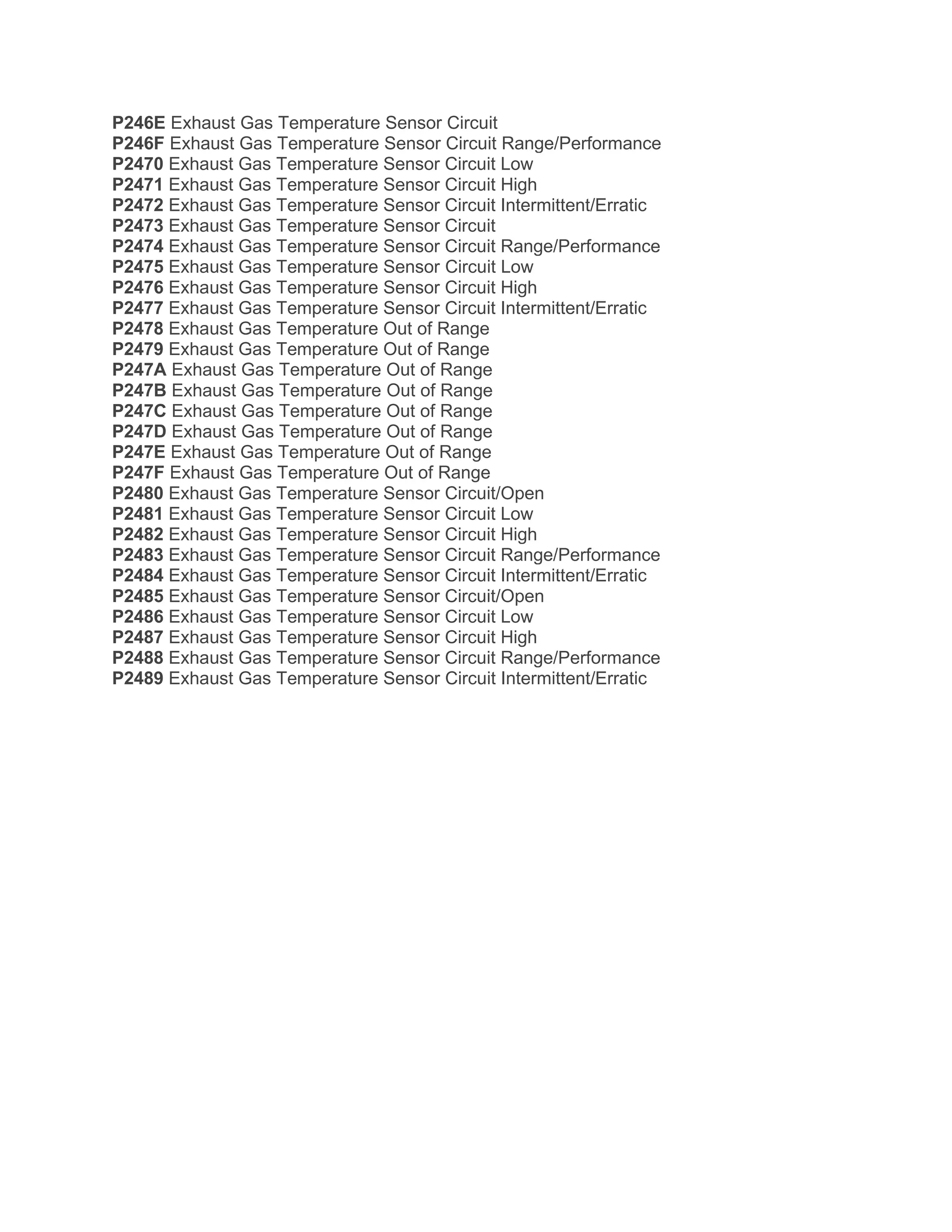 P246E Exhaust Gas Temperature Sensor Circuit
P246F Exhaust Gas Temperature Sensor Circuit Range/Performance
P2470 Exhaust Gas Temperature Sensor Circuit Low
P2471 Exhaust Gas Temperature Sensor Circuit High
P2472 Exhaust Gas Temperature Sensor Circuit Intermittent/Erratic
P2473 Exhaust Gas Temperature Sensor Circuit
P2474 Exhaust Gas Temperature Sensor Circuit Range/Performance
P2475 Exhaust Gas Temperature Sensor Circuit Low
P2476 Exhaust Gas Temperature Sensor Circuit High
P2477 Exhaust Gas Temperature Sensor Circuit Intermittent/Erratic
P2478 Exhaust Gas Temperature Out of Range
P2479 Exhaust Gas Temperature Out of Range
P247A Exhaust Gas Temperature Out of Range
P247B Exhaust Gas Temperature Out of Range
P247C Exhaust Gas Temperature Out of Range
P247D Exhaust Gas Temperature Out of Range
P247E Exhaust Gas Temperature Out of Range
P247F Exhaust Gas Temperature Out of Range
P2480 Exhaust Gas Temperature Sensor Circuit/Open
P2481 Exhaust Gas Temperature Sensor Circuit Low
P2482 Exhaust Gas Temperature Sensor Circuit High
P2483 Exhaust Gas Temperature Sensor Circuit Range/Performance
P2484 Exhaust Gas Temperature Sensor Circuit Intermittent/Erratic
P2485 Exhaust Gas Temperature Sensor Circuit/Open
P2486 Exhaust Gas Temperature Sensor Circuit Low
P2487 Exhaust Gas Temperature Sensor Circuit High
P2488 Exhaust Gas Temperature Sensor Circuit Range/Performance
P2489 Exhaust Gas Temperature Sensor Circuit Intermittent/Erratic
 