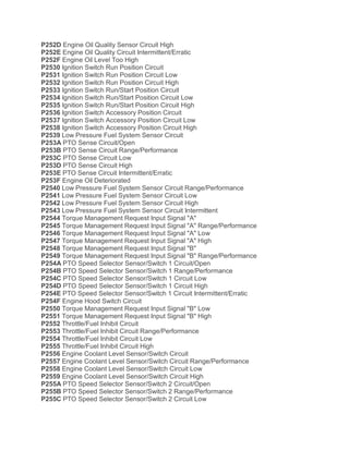 P252D Engine Oil Quality Sensor Circuit High
P252E Engine Oil Quality Circuit Intermittent/Erratic
P252F Engine Oil Level Too High
P2530 Ignition Switch Run Position Circuit
P2531 Ignition Switch Run Position Circuit Low
P2532 Ignition Switch Run Position Circuit High
P2533 Ignition Switch Run/Start Position Circuit
P2534 Ignition Switch Run/Start Position Circuit Low
P2535 Ignition Switch Run/Start Position Circuit High
P2536 Ignition Switch Accessory Position Circuit
P2537 Ignition Switch Accessory Position Circuit Low
P2538 Ignition Switch Accessory Position Circuit High
P2539 Low Pressure Fuel System Sensor Circuit
P253A PTO Sense Circuit/Open
P253B PTO Sense Circuit Range/Performance
P253C PTO Sense Circuit Low
P253D PTO Sense Circuit High
P253E PTO Sense Circuit Intermittent/Erratic
P253F Engine Oil Deteriorated
P2540 Low Pressure Fuel System Sensor Circuit Range/Performance
P2541 Low Pressure Fuel System Sensor Circuit Low
P2542 Low Pressure Fuel System Sensor Circuit High
P2543 Low Pressure Fuel System Sensor Circuit Intermittent
P2544 Torque Management Request Input Signal "A"
P2545 Torque Management Request Input Signal "A" Range/Performance
P2546 Torque Management Request Input Signal "A" Low
P2547 Torque Management Request Input Signal "A" High
P2548 Torque Management Request Input Signal "B"
P2549 Torque Management Request Input Signal "B" Range/Performance
P254A PTO Speed Selector Sensor/Switch 1 Circuit/Open
P254B PTO Speed Selector Sensor/Switch 1 Range/Performance
P254C PTO Speed Selector Sensor/Switch 1 Circuit Low
P254D PTO Speed Selector Sensor/Switch 1 Circuit High
P254E PTO Speed Selector Sensor/Switch 1 Circuit Intermittent/Erratic
P254F Engine Hood Switch Circuit
P2550 Torque Management Request Input Signal "B" Low
P2551 Torque Management Request Input Signal "B" High
P2552 Throttle/Fuel Inhibit Circuit
P2553 Throttle/Fuel Inhibit Circuit Range/Performance
P2554 Throttle/Fuel Inhibit Circuit Low
P2555 Throttle/Fuel Inhibit Circuit High
P2556 Engine Coolant Level Sensor/Switch Circuit
P2557 Engine Coolant Level Sensor/Switch Circuit Range/Performance
P2558 Engine Coolant Level Sensor/Switch Circuit Low
P2559 Engine Coolant Level Sensor/Switch Circuit High
P255A PTO Speed Selector Sensor/Switch 2 Circuit/Open
P255B PTO Speed Selector Sensor/Switch 2 Range/Performance
P255C PTO Speed Selector Sensor/Switch 2 Circuit Low
 