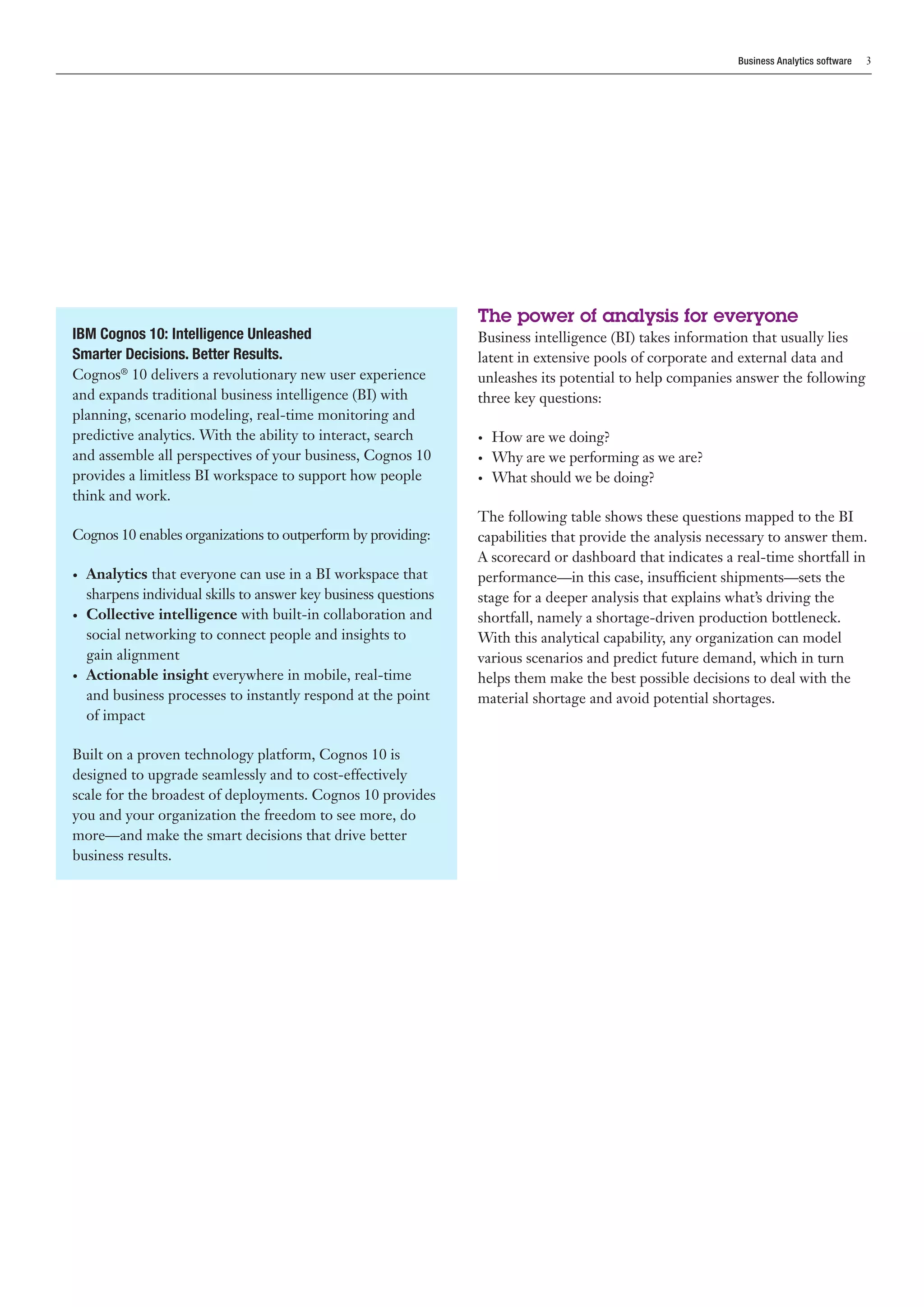 Business Analytics software   3




                                                                   The power of analysis for everyone
IBM Cognos 10: Intelligence Unleashed                              Business intelligence (BI) takes information that usually lies
Smarter Decisions. Better Results.                                 latent in extensive pools of corporate and external data and
Cognos® 10 delivers a revolutionary new user experience            unleashes its potential to help companies answer the following
and expands traditional business intelligence (BI) with            three key questions:
planning, scenario modeling, real-time monitoring and
predictive analytics. With the ability to interact, search         •	   How are we doing?
and assemble all perspectives of your business, Cognos 10          •	   Why are we performing as we are?
provides a limitless BI workspace to support how people            •	   What should we be doing?
think and work.
                                                                   The following table shows these questions mapped to the BI
Cognos 10 enables organizations to outperform by providing:        capabilities that provide the analysis necessary to answer them.
                                                                   A scorecard or dashboard that indicates a real-time shortfall in
•	   Analytics that everyone can use in a BI workspace that        performance—in this case, insufficient shipments—sets the
     sharpens individual skills to answer key business questions   stage for a deeper analysis that explains what’s driving the
•	   Collective intelligence with built-in collaboration and       shortfall, namely a shortage-driven production bottleneck.
     social networking to connect people and insights to           With this analytical capability, any organization can model
     gain alignment                                                various scenarios and predict future demand, which in turn
•	   Actionable insight everywhere in mobile, real-time            helps them make the best possible decisions to deal with the
     and business processes to instantly respond at the point      material shortage and avoid potential shortages.
     of impact

Built on a proven technology platform, Cognos 10 is
designed to upgrade seamlessly and to cost-effectively
scale for the broadest of deployments. Cognos 10 provides
you and your organization the freedom to see more, do
more—and make the smart decisions that drive better
business results.
 