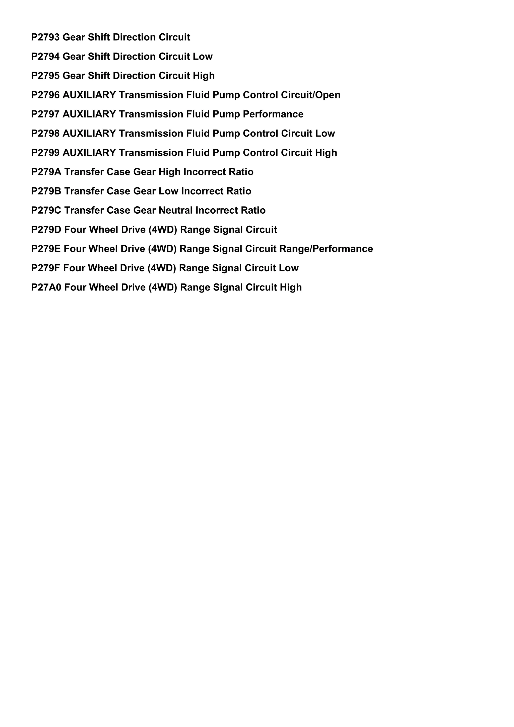 P2793 Gear Shift Direction Circuit
P2794 Gear Shift Direction Circuit Low
P2795 Gear Shift Direction Circuit High
P2796 AUXILIARY Transmission Fluid Pump Control Circuit/Open
P2797 AUXILIARY Transmission Fluid Pump Performance
P2798 AUXILIARY Transmission Fluid Pump Control Circuit Low
P2799 AUXILIARY Transmission Fluid Pump Control Circuit High
P279A Transfer Case Gear High Incorrect Ratio
P279B Transfer Case Gear Low Incorrect Ratio
P279C Transfer Case Gear Neutral Incorrect Ratio
P279D Four Wheel Drive (4WD) Range Signal Circuit
P279E Four Wheel Drive (4WD) Range Signal Circuit Range/Performance
P279F Four Wheel Drive (4WD) Range Signal Circuit Low
P27A0 Four Wheel Drive (4WD) Range Signal Circuit High
 