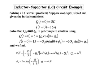 Inductor-Capacitor (LC) Circuit Example
Solving a LC circuit problem; Suppose ωωωω=1/sqrt(LC)=3 and
given the initial conditions,
Solve find Q0 and φφφφ0000,,,, to get complete solution using,
and we find,
( )
( ) AtI
CtQ
150
50
==
==
( ) ( )
( ) ( ) ( )0000
00
0sin30sin150
0cos50
φφω
φ
+−=+−===
+===
QQtI
QtQ
( ) ( ) ( )[ ]
o
45,
35
15
tan.
25,cossin
3
15
5
00
0
2
00
2
0
22
0
2
2
−=





⋅
−=
==+=





−+
φφ
φφ
inv
QQQ
 