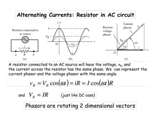 Alternating Currents: Resistor in AC circuit
A resistor connected to an AC source will have the voltage, vR, and
the current across the resistor has the same phase. We can represent the
current phasor and the voltage phasor with the same angle.
( ) ( )RtIiRtVv RR ωω coscos ===
Phasors are rotating 2 dimensional vectors
IRVR =and (just like DC case)
 