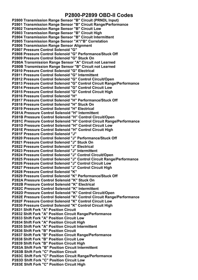 OBD2 Powertrain Code List (P2800 P2899) PDF