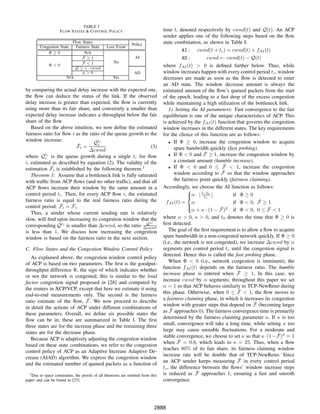 TABLE I
                    F LOW S TATES & C ONTROL P OLICY                             time t, denoted respectively by cwnd(t) and Q(t). An ACP
                                                                                 sender applies one of the following steps based on the ﬂow
                           Flow States
                                                               Policy            state combination, as shown in Table I:
        Congestion State     Fairness State     Loss Event
            Φ≥0                   N/A
                                                                                            AI : cwnd(t + tc ) = cwnd(t) + fAI (t)
                                 ˆ
                                 F≥1                             AI                         AD :         cwnd ← cwnd(t) − Q(t)
                                 ˆ
                                 F<1                No
             Φ<0
                            Q ≥ γ · cwnd
                                                                                 where fAI (t) > 0 is deﬁned further below. Thus, while
                                 φ>0                            AD               window increases happen with every control period tc , window
                        N/A                         Yes                          decreases are made as soon as the ﬂow is detected to enter
                                                                                 an AD state. The window decrease amount is always the
by comparing the actual delay increase with the expected one,                    estimated amount of the ﬂow’s queued packets from the start
the ﬂow can deduce the status of the link. If the observed                       of the epoch, leading to a fast drop of the excess congestion
delay increase is greater than expected, the ﬂow is currently                    while maintaining a high utilization of the bottleneck link.
using more than its fair share, and conversely a smaller than                        1) Setting the AI parameters: Fast convergence to the fair
expected delay increase indicates a throughput below the fair                    equilibrium is one of the unique characteristics of ACP. This
share of the ﬂow.                                                                is achieved by the fAI (t) function that governs the congestion
   Based on the above intuition, we now deﬁne the estimated                      window increases in the different states. The key requirements
fairness ratio for ﬂow i as the ratio of the queue growth to the                 for the choice of this function are as follows:
window increase:
                          ˆ       Qtc
                                    i
                                                                                     • If Φ ≥ 0, increase the congestion window to acquire
                         Fi =                                (3)                        spare bandwidth quickly (fast probing).
                                ∆cwnd
                                                                                                       ˆ
                                                                                     • If Φ < 0 and F ≥ 1, increase the congestion window by
where Qtc is the queue growth during a single tc for ﬂow
          i
i, estimated as described by equation (2). The validity of the                          a constant amount (humble increase).
             ˆ                                                                                                   ˆ
                                                                                     • If Φ < 0 and 0 ≤ F < 1, increase the congestion
estimation Fi is established by the following theorem.3
                                                                                        window according to F   ˆ so that the window approaches
   Theorem 1: Assume that a bottleneck link is fully saturated
with trafﬁc from ACP ﬂows (and no other trafﬁc), and that all                           the fairness point quickly (fairness claiming).
ACP ﬂows increase their window by the same amount in a                           Accordingly, we choose the AI function as follows:
                                                                                               
control period tc . Then, for every ACP ﬂow i, the estimated                                   α · ⌊ t−t0 ⌋
                                                                                                      tc            if Φ ≥ 0
fairness ratio is equal to the real fairness ratio during the                      fAI (t) = α                                    ˆ
                                                                                                                     if Φ < 0, F ≥ 1
                  ˆ
control period: Fi = Fi .                                                                                      ˆ
                                                                                                 α + κ · (1 − F )2 if Φ < 0, 0 ≤ F < 1ˆ
                                                                                               
                                                                                               
   Thus, a sender whose current sending rate is relatively
slow, will ﬁnd upon increasing its congestion window that the                    where α > 0, κ > 0, and t0 denotes the time that Φ ≥ 0 is
corresponding Qtc is smaller than ∆cwnd, so the ratio ∆cwndQtc                   ﬁrst detected.
is less than 1. We discuss how increasing the congestion                             The goal of the ﬁrst requirement is to allow a ﬂow to acquire
window is based on the fairness ratio in the next section.                       spare bandwidth in a non-congested network quickly. If Φ ≥ 0
                                                                                 (i.e., the network is not congested), we increase ∆cwnd by α
C. Flow States and the Congestion Window Control Policy                          segments per control period tc until the congestion signal is
                                                                                 detected. Hence this is called the fast probing phase.
   As explained above, the congestion window control policy
                                                                                     When Φ < 0 (i.e., network congestion is imminent), the
of ACP is based on two parameters. The ﬁrst is the goodput-
                                                                                 function fAI (t) depends on the fairness ratio. The humble
throughput difference Φ, the sign of which indicates whether                                                           ˆ
                                                                                 increase phase is entered when F ≥ 1. In this case, we
or not the network is congested; this is similar to the load
                                                                                 increase cwnd by α segments; throughout this paper we set
factor congestion signal proposed in [28] and computed by
                                                                                 α = 1 so that ACP behaves similarly to TCP-NewReno during
the routers in XCP/VCP, except that here we estimate it using                                                           ˆ
                                                                                 this phase. Otherwise, when 0 ≤ F < 1, the ﬂow moves to
end-to-end measurements only. The second is the fairness
                               ˆ                                                 a fairness claiming phase, in which it increases its congestion
ratio estimate of the ﬂow, F . We now proceed to describe                                                                       ˆ
                                                                                 window with greater steps that depend on F (becoming larger
in detail the actions of ACP under different combinations of                          ˆ approaches 0). The fairness convergence time is primarily
                                                                                 as F
these parameters. Overall, we deﬁne six possible states the
                                                                                 determined by the fairness claiming parameter κ. If κ is too
ﬂow can be in; these are summarized in Table I. The ﬁrst
                                                                                 small, convergence will take a long time, while setting κ too
three states are for the increase phase and the remaining three
                                                                                 large may cause unstable ﬂuctuations. For a moderate and
states are for the decrease phase.                                                                                                        ˆ
                                                                                 stable convergence, we choose to set κ so that κ·(1− F)2 = 1
   Because ACP is adaptively adjusting the congestion window                              ˆ = 0.8, which leads to κ = 25. Thus, when a ﬂow
                                                                                 when F
based on these state combinations, we refer to the congestion
                                                                                 reaches 80% of its fair share, its fairness claiming window
control policy of ACP as an Adaptive Increase Adaptive De-
                                                                                 increase rate will be double that of TCP-NewReno. Since
crease (AIAD) algorithm. We express the congestion window                                                               ˆ
                                                                                 an ACP sender keeps measuring F in every control period
and the estimated number of queued packets as a function of
                                                                                 tc , the difference between the ﬂows’ window increase steps
  3 Due to space constraints, the proofs of all theorems are omitted from this                     ˆ
                                                                                 is reduced as F approaches 1, ensuring a fast and smooth
paper and can be found in [27].                                                  convergence.




                                                                            2888
 