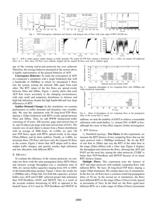 350                                                                                                         2000                                                                                                                                  100




                                                                                                                                                                                                                                                       Utilization (%)
                                                                                Flow 1 (RTT=20ms)                                                             Flow 1 (RTT=20ms)           Flow 4 (RTT=155ms)                                                                          80




                                                                                                                                                                                                                                                        Bottleneck
                                                                                                                  Congestion Window (pkts)
                                   300                                          Flow 2 (RTT=65ms)                                                             Flow 2 (RTT=65ms)           Flow 5 (RTT=200ms)
                                                                               Flow 3 (RTT=110ms)                                                            Flow 3 (RTT=110ms)                                                                                                       60
     Throughput (Mbps)             250                                         Flow 4 (RTT=155ms)                                              1500                                                                                                                                   40
                                                                               Flow 5 (RTT=200ms)
                                                                                                                                                                                                                                                                                      20
                                   200
                                                                                                                                               1000                                                                                                                                    0
                                                                                                                                                                                                                                                                                     800                                Queue size: 750




                                                                                                                                                                                                                                                       Queue (pkts)
                                   150




                                                                                                                                                                                                                                                        Bottleneck
                                                                                                                                                                                                                                                                                     600
                                   100
                                                                                                                                                500                                                                                                                                  400
                                   50                                                                                                                                                                                                                                                200
                                    0                                                                                                                0                                                                                                                                   0
                                         0       200     400    600    800    1000   1200   1400    1600   1800                                          0    200     400   600   800 1000                        1200       1400       1600    1800                                         0   200        400   600      800 1000        1200   1400   1600   1800
                                                                       Time (sec)                                                                                                 Time (sec)                                                                                                                               Time (sec)


                                                             Fig. 1.    ACP convergence, utilization and fairness with delayed start of ﬂows with wide range of RTT (20-200 ms).
                                   1000                                                                                                                                                                                                                                             7000
                                                                                                                                               100                                                                                                                                                                      Queue size: 6250
     Congestion Window (packets)




                                                                   RTT=62ms




                                                                                                                                                                                                                                                       Bottleneck Queue (packets)
                                                                   RTT=77ms




                                                                                                                  Bottleneck Utilization (%)
                                                                                                                                                                                                                                                                                    6000
                                    800                            RTT=92ms                                                                     80
                                                                  RTT=107ms                                                                                                                                                                                                         5000
                                                                  RTT=122ms
                                    600                                                                                                         60                                                                                                                                  4000

                                    400                                                                                                                                                                                                                                             3000
                                                                                                                                                40
                                                                                                                                                                                                                                                                                    2000
                                    200                                                                                                         20
                                                                                                                                                                                                                                                                                    1000

                                         0                                                                                                      0                                                                                                                                        0
                                             0         100       200      300        400       500         600                                       0          100         200      300                            400               500       600                                          0        100         200         300          400       500        600
                                                                       Time (sec)                                                                                                 Time (sec)                                                                                                                               Time (sec)


Fig. 2. ACP is robust against sudden changes in trafﬁc demands. We started 50 FTP ﬂows sharing a bottleneck. At t = 200s, we started 150 additional
ﬂows. At t = 400s, these 150 ﬂows were suddenly stopped and the original 50 ﬂows were left to stabilize again.




                                                                                                                                                                                               Bottleneck Utilization (%)
any of the existing end-to-end protocols has ever achieved.                                                                                                                                                                 100

Therefore, the average behavior presented in the section above                                                                                                                                                              80
                                                                                                                                                                                                                            60
is highly representative of the general behavior of ACP.                                                                                                                                                                                                         ACP 100Mbps                                                     ACP 1Gbps
                                                                                                                                                                                                                            40                                  FAST 100Mbps                                                    FAST 1Gbps
   Convergence Behavior: To study the convergence of ACP,                                                                                                                                                                                                    NewReno 100Mbps                                                 NewReno 1Gbps
                                                                                                                                                                                                                            20                                 HSTCP 100Mbps                                                   HSTCP 1Gbps
we conducted a simulation with a single bottleneck link with                                                                                                                                                                 0
                                                                                                                                                                                                                                                               CUBIC 100Mbps                                                   CUBIC 1Gbps

a bandwidth of 300Mbps in which we introduced 5 ﬂows                                                                                                                                                                              0.1          0.2       0.3     0.4    0.5     0.6     0.7     0.8                                                  0.9         1
                                                                                                                                                                                                                                                          Bottleneck Queue Size (Fraction of BDP)
into the system, joining the network 300s apart from each
                                                                                                                                                                                      Fig. 3. Aggregate throughput of two competing ﬂows with 100Mbps and
other. The RTT values of the ﬁve ﬂows are spread evenly                                                                                                                               1Gbps bottleneck bandwidths.
between 20ms and 200ms. Figure 1 clearly shows that each
                                                                                                                                                                                               Normalized Throughput




                                                                                                                                                                                                                                  1
ACP ﬂow reacts accurately to the changing circumstances,
with only small and temporary disturbance to fairness and                                                                                                                                                                    0.1                                                                                                            ACP
high link utilization, despite the high bandwidth and very large                                                                                                                                                                                                                                                                           FAST
                                                                                                                                                                                                                                                                                                                                        NewReno
differences of RTT.                                                                                                                                                                                                         0.01
                                                                                                                                                                                                                                                                                                                                          HSTCP
                                                                                                                                                                                                                                                                                                                                          CUBIC
   Sudden Demand Change: In this simulation, we examine                                                                                                                                                                               20         40                                 60           80       100              120          140         160         180
performance as trafﬁc demands and dynamics vary consider-                                                                                                                                                                                                                                               RTT (ms)
ably. We start the simulation with 50 long-lived FTP ﬂows                                                                                                                             Fig. 4. Ratio of throughputs of two competing ﬂows as the propagation
sharing a 1Gbps bottleneck with RTTs evenly spread between                                                                                                                            delay of the second ﬂow is varied.
50ms and 200ms. Then, we add WWW background trafﬁc                                                                                                                                    addition, we note the inability of FAST to achieve a reasonable
consisting of 10 users, 200 sessions, page inter-arrival time of                                                                                                                      utilization with small buffers, i.e. around 20% of BDP or less,
4s, and 10 objects per page with inter-arrival time of 0.01s. The                                                                                                                     although the cause of that effect requires further investigation.
transfer size of each object is drawn from a Pareto distribution
with an average of 3000 bytes. At t=200s, we start 150                                                                                                                                C. RTT Fairness
new FTP ﬂows, again with RTTs spread evenly in the range                                                                                                                                 1) Dumbbell topology: Two Flows: In this experiment, we
[50ms,200ms], and let them stabilize. Finally, at t=400s, we                                                                                                                          measure the RTT fairness of two competing ﬂows that use the
terminate these 150 ﬂows and leave only the original 50 ﬂows                                                                                                                          same protocol with a 200Mbps bottleneck. We ﬁx the RTT
in the system. Figure 2 shows that ACP adapts well to these                                                                                                                           of one ﬂow to 200ms and vary the RTT of the other ﬂow in
sudden trafﬁc changes, and quickly reaches high utilization                                                                                                                           the range [20ms,180ms] with a 10ms step. Figure 4 displays
and fair allocation with different RTTs.                                                                                                                                              the throughput ratio between the ﬂows, showing that ACP and
                                                                                                                                                                                      FAST are the most fair; among the other protocols, CUBIC is
B. Efﬁciency                                                                                                                                                                          better than TCP-NewReno and HSTCP because of its linear
   To evaluate the efﬁciency of the various protocols, we con-                                                                                                                        RTT fairness feature.
sider two ﬂows with the same propagation delay (RTT=50ms)                                                                                                                                Multiple Flows: This experiment tests the fairness of
and measure average throughput over a simulation time of                                                                                                                              ACP and other protocols with multiple competing ﬂows with
500s, for various buffer capacities ranging from 10% to 100%                                                                                                                          different RTTs. We have 20 long-lived FTP ﬂows sharing a
of the bandwidth-delay product. Figure 3 shows the results for                                                                                                                        single 1Gbps bottleneck. We conduct three sets of simulations.
a 100Mbps and a 1Gbps link. For both link capacities, at lower                                                                                                                        In the ﬁrst set, all ﬂows have a common round trip propagation
buffer sizes ACP and CUBIC achieved greater link utilization                                                                                                                          delay of 50 ms. In the second set of simulations, the ﬂows
than TCP-NewReno, FAST, and HSTCP. This is a result of                                                                                                                                have different RTTs in the range [20ms,115ms] (evenly spaced
the accurate window downsizing of ACP, as opposed to the                                                                                                                              at increments of 5ms). In the third set, the ﬂows again have
backoff factor of 0.5 used by TCP-NewReno and HSTCP. In                                                                                                                               different RTTs in a wider range of [20ms,210ms] (increments




                                                                                                                                                                              2890
 
