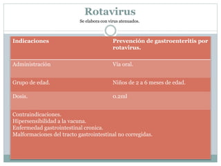 Rotavirus 
Se elabora con virus atenuados. 
Indicaciones Prevención de gastroenteritis por 
rotavirus. 
Administración Vía oral. 
Grupo de edad. Niños de 2 a 6 meses de edad. 
Dosis. 0.2ml 
Contraindicaciones. 
Hipersensibilidad a la vacuna. 
Enfermedad gastrointestinal cronica. 
Malformaciones del tracto gastrointestinal no corregidas. 
 