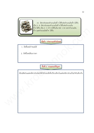 10. อัตราส่วนของจานวนเงินที่ ก ได้รับต่อจานวนเงินที่ ข ได้รับ
เป็น 3 : 8 อัตราส่วนของจานวนเงินที่ ข ได้รับต่อจานวนเงิน
ที่ ค ได้รับ เป็น 2 : 3 ถ้า ข ได้รับเงิน 400 บาท จงหาจานวนเงิน
ที่ ก และจานวนเงินที่ ค ได้รับ
32
ขั้นที่ 1 ทาความเข้าใจโจทย์
1. สิ่งที่โจทย์กาหนดให้
2. สิ่งที่โจทย์ต้องการหา
ขั้นที่ 2 วางแผนแก้ปัญหา
เขียนสัดส่วนแสดงอัตราส่วนโดยให้ลาดับของสิ่งที่เปรียบเทียบในแต่ละอัตราส่วนเป็นลาดับเดียวกัน
www.kroobannok.com
 