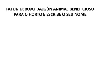 FAI UN DEBUXO DALGÚN ANIMAL BENEFICIOSO
PARA O HORTO E ESCRIBE O SEU NOME
 