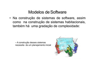 Modelos deSoftware
• Na construção de sistemas de software, assim
como na construção de sistemas habitacionais,
também há uma gradação de complexidade:
– A construção desses sistemas
necessita de um planejamento inicial
 