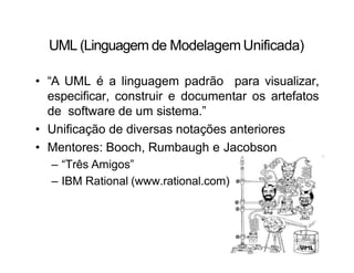 UML (Linguagem de Modelagem Unificada)
• “A UML é a linguagem padrão para visualizar,
especificar, construir e documentar os artefatos
de software de um sistema.”
• Unificação de diversas notações anteriores
• Mentores: Booch, Rumbaugh e Jacobson
– “Três Amigos”
– IBM Rational (www.rational.com)
 