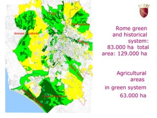 L Rome green  and historical  system: 83.000 ha  total area: 129.000 ha   Agricultural areas  in green system 63.000 ha Arrone - Galeria Castel Porziano Vejo Marcigliana Appia Antica Litorale Romano Aniene 