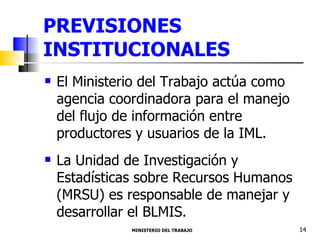 PREVISIONES INSTITUCIONALES El Ministerio del Trabajo actúa como agencia coordinadora para el manejo del flujo de información entre productores y usuarios de la IML. La Unidad de Investigación y Estadísticas sobre Recursos Humanos (MRSU) es responsable de manejar y desarrollar el BLMIS.  MINISTERIO DEL TRABAJO  14 