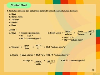 1. Tentukan dimensi dan satuannya dalam SI untuk besaran turunan berikut :
a. Gaya
b. Berat Jenis
c. Tekanan
d. Usaha
e. Daya
Jawab :
b. Berat Jenis = = =
= MLT-2 (L-3)
= ML-2T-2 satuan kgm-2
berat
volume
Gaya
Volume
MLT -2
L3
a. Gaya = massa x percepatan
= M x LT -2
= MLT -2 satuan kgms-2
c. Tekanan = = = MLT -2 satuan kgm-1s-1
gaya
luas
MLT -2
L2
d. Usaha = gaya x jarak = MLT -2 x L = ML 2 T -2 satuan kgm-2s-2
e. Daya = = = ML 2 T -1 satuan kgm-2s-1
usaha
waktu
ML 2 T -2
T
Contoh Soal
13
 