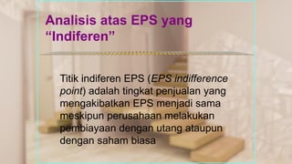 Analisis atas EPS yang
“Indiferen”
Titik indiferen EPS (EPS indifference
point) adalah tingkat penjualan yang
mengakibatkan EPS menjadi sama
meskipun perusahaan melakukan
pembiayaan dengan utang ataupun
dengan saham biasa
*************************************************
 