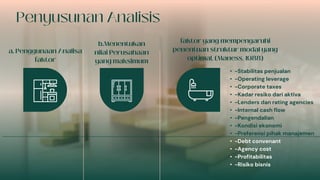 • -Stabilitas penjualan
• -Operating leverage
• -Corporate taxes
• -Kadar resiko dari aktiva
• -Lenders dan rating agencies
• -Internal cash flow
• -Pengendalian
• -Kondisi ekonomi
• -Preferensi pihak manajemen
• -Debt convenant
• -Agency cost
• -Profitabilitas
• -Risiko bisnis
 