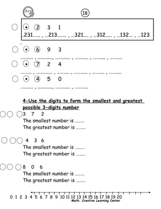 18 
 2 3 1 
…231…... , …213....... , …321.... , …312..... , …132... , …123 
. 
 6 9 3 
…....... , ..........., ……...... , ……..... , …….... , …….... 
 7 2 4 
……... , ……....... , …….... , ……..... , …….... , …….... 
 4 5 0 
…....... , ..........., ……...... , ……..... 
4-Use the digits to form the smallest and greatest 
possible 3-digits number 
3 7 2 
The smallest number is ……… 
The greatest number is ……… 
4 3 6 
The smallest number is ……… 
The greatest number is ……… 
8 0 6 
The smallest number is ……… 
The greatest number is ……… 
l l l l l l l l l l l l l l l l l l l l l 
0 1 2 3 4 5 6 7 8 9 10 11 12 13 14 15 16 17 18 19 20 
Math. Creative Learning Center 
 