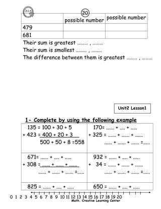 20 
possible number possible number 
479 
681 
Their sum is greatest ……… , ……… 
Their sum is smallest ……… , ……… 
The difference between them is greatest ……… , ……… 
Unit2 Lesson1 
1- Complete by using the following example 
135 = 100 + 30 + 5 
+ 423 = 400 + 20 + 3 
500 + 50 + 8 =558 
170= ...... + .... + ..... 
+ 325 = ...... + ...... + ...... 
...... + ...... + ...... =..... 
671= ...... + .... + ..... 
+ 308 = ...... + ...... + ...... 
...... + ...... + ...... =..... 
932 = ...... + .... + ..... 
+ 34 = ...... + ...... + ...... 
...... + ...... + ...... =..... 
825 = ...... + .... + ..... 650 = ...... + .... + ..... 
l l l l l l l l l l l l l l l l l l l l l 
0 1 2 3 4 5 6 7 8 9 10 11 12 13 14 15 16 17 18 19 20 
Math. Creative Learning Center 
 