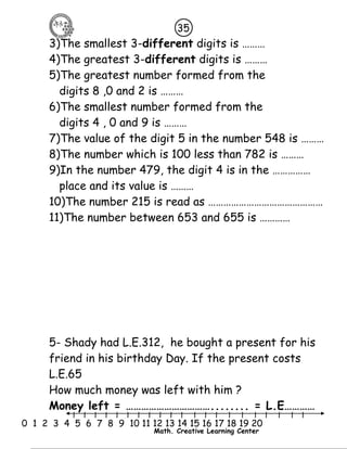 35 
3)The smallest 3-different digits is ……… 
4)The greatest 3-different digits is ……… 
5)The greatest number formed from the 
digits 8 ,0 and 2 is ……… 
6)The smallest number formed from the 
digits 4 , 0 and 9 is ……… 
7)The value of the digit 5 in the number 548 is ……… 
8)The number which is 100 less than 782 is ……… 
9)In the number 479, the digit 4 is in the …………… 
place and its value is ……… 
10)The number 215 is read as ……………………………………… 
11)The number between 653 and 655 is ………… 
5- Shady had L.E.312, he bought a present for his 
friend in his birthday Day. If the present costs 
L.E.65 
How much money was left with him ? 
Money left = ……………………………........ = L.E………… 
l l l l l l l l l l l l l l l l l l l l l 
0 1 2 3 4 5 6 7 8 9 10 11 12 13 14 15 16 17 18 19 20 
Math. Creative Learning Center 
 