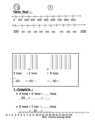 7 
l l l l l l l l l l l l l l l l l l l l l 
0 1 2 3 4 5 6 7 8 9 10 11 12 13 14 15 16 17 18 19 20 
Math. Creative Learning Center 
Note that : 
0 100 200 300 400 500 600 700 800 900 
100 110 120 130 140 150 160 170 180 190 200 
+ = 
3 tens + 2 tens = 5 tens 
--30-- +--20 -- = -- 50--- 
1-Complete : 
· 3 tens + 6 tens = ……. tens 
…30…..+ ………… ..= …….. 
· 5 tens + 1 ten =………..tens 
…………. +….10……= ……….. 
 