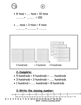 8 
· 8 tens + ….. tens = 10 tens 
………….+ ………… = 100 
· ……tens + 3 tens = 4 tens 
………….. + ………….. = ………… 
+ = 
2 hundreds + 1 hundred =3 hundreds 
2-Complete: 
· 5 hundreds + 4 hundreds = ……. hundreds 
· 3 hundreds + 3 hundreds = ……. hundreds 
· 1 hundred +…….. hundreds = 8 hundreds 
3-Write the missing number: 
l l l l l l l l l l l l l l l l l l l l l 
0 1 2 3 4 5 6 7 8 9 10 11 12 13 14 15 16 17 18 19 20 
Math. Creative Learning Center 
 