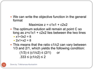  We can write the objective function in the general
        format
                 Maximize z = c1x1 + c2x2
      The optimum solution will remain at point C so
       long as z=c1x1 + c2x2 lies between the two lines
         x1+3x2 = 8
         2x1+x2 = 8
      This means that the ratio c1/c2 can vary between
        1/3 and 2/1, which yields the following condition:
            (1/3) ≤ (c1/c2) ≤ (2/1)   or
            .333 ≤ (c1/c2) ≤ 2

12   Done by: T.Alkhansaa Abuhashim
 