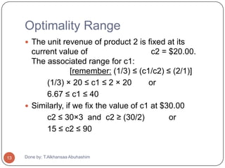 Optimality Range
      The unit revenue of product 2 is fixed at its
       current value of                     c2 = $20.00.
       The associated range for c1:
                    [remember: (1/3) ≤ (c1/c2) ≤ (2/1)]
           (1/3) × 20 ≤ c1 ≤ 2 × 20        or
           6.67 ≤ c1 ≤ 40
      Similarly, if we fix the value of c1 at $30.00
           c2 ≤ 30×3 and c2 ≥ (30/2)             or
           15 ≤ c2 ≤ 90


13   Done by: T.Alkhansaa Abuhashim
 