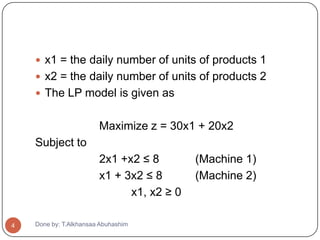  x1 = the daily number of units of products 1
     x2 = the daily number of units of products 2
     The LP model is given as


                        Maximize z = 30x1 + 20x2
    Subject to
                        2x1 +x2 ≤ 8        (Machine 1)
                        x1 + 3x2 ≤ 8       (Machine 2)
                              x1, x2 ≥ 0

4   Done by: T.Alkhansaa Abuhashim
 