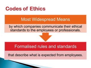 Formalised rules and standards
that describe what is expected from employees.
Most Widespread Means
by which companies communicate their ethical
standards to the employees or professionals.
 